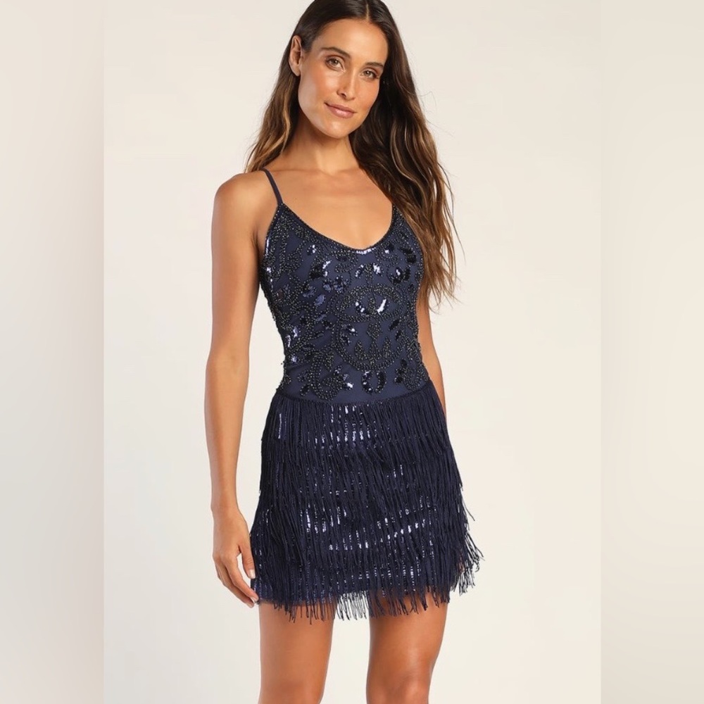 NWT Lulus Navy Blue sequin and fringe dress, size S